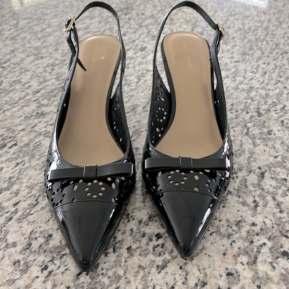 Kate Spade Black Perforated Patent Leather Sling Back Point Toe Kitten Heels - Picture 1 of 10